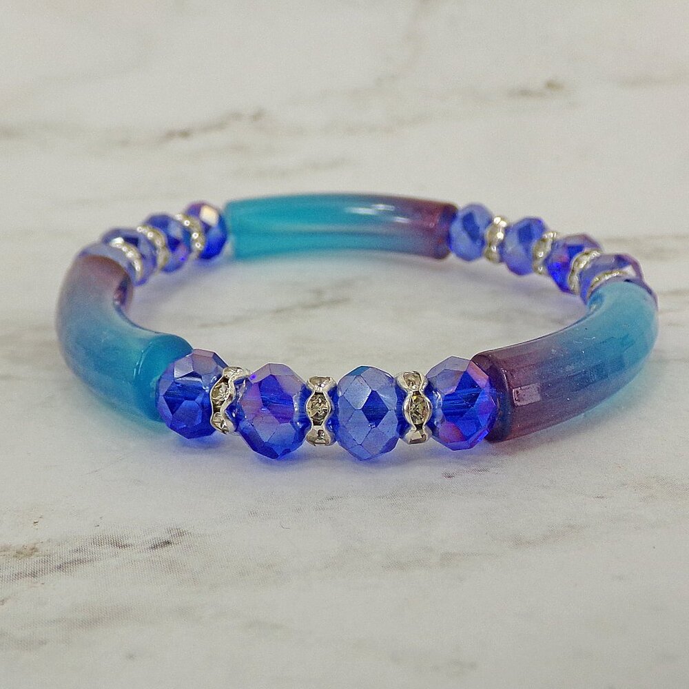 Blue and purple glass bead stretch bracelet with clear crystal spacer beads
